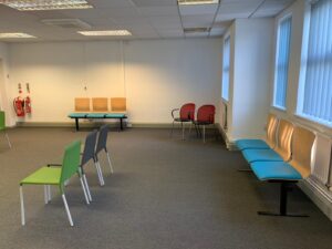 Spaced-out seating in the waiting area